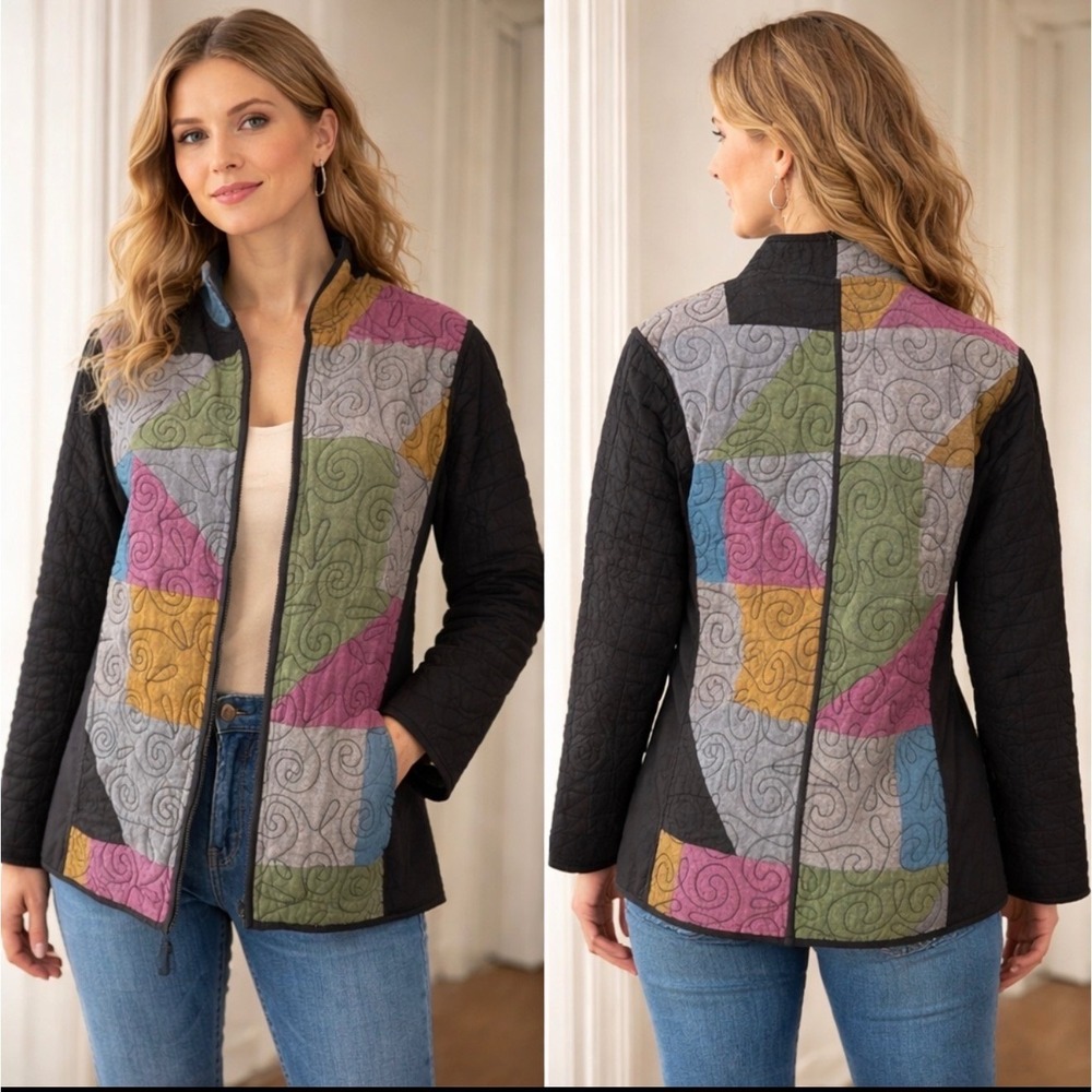 Vintage‎ Quilted Patchwork Jacket | Art Teacher Chic Zip Front Colorblock Coat
